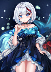 Rule 34 | 1girl, admiral graf spee (a novel anniversary) (azur lane), admiral graf spee (azur lane), azur lane, bare shoulders, blue dress, blue eyes, blush, breasts, choker, cleavage, collarbone, commentary request, cowboy shot, dress, earrings, hand up, highres, jewelry, looking at viewer, medium breasts, multicolored hair, off-shoulder dress, off shoulder, red hair, ryara, short hair, smile, solo, standing, streaked hair, thighs, white hair