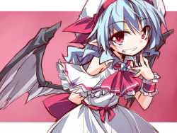 Rule 34 | 1girl, ascot, bat wings, blue hair, brooch, dress, gradient background, grin, hat, hemogurobin a1c, jewelry, looking at viewer, mob cap, pink eyes, pointy ears, remilia scarlet, sash, smile, solo, touhou, white dress, wings, wrist cuffs