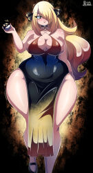 Rule 34 | 1girl, absurdres, alternate costume, alvarodibujill1, bare shoulders, black background, black dress, black footwear, blonde hair, breasts, choker, cleavage, closed mouth, collarbone, colorized, cowboy shot, creatures (company), curvy, cynthia (pokemon), dress, game freak, grey eyes, hair ornament, highres, holding, holding poke ball, ink (ink01 ), large breasts, long hair, looking at viewer, nintendo, no panties, parted lips, poke ball, pokemon, pokemon dppt, revealing clothes, shiny skin, sideboob, sleeveless, standing, thick thighs, thighs, trembling, very long hair, wide hips