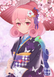 Rule 34 | 1girl, animal print, blurry, blurry background, bow, butterfly print, chameleon, cherry blossoms, curly hair, floral background, flower, frilled sleeves, frills, gem, hair between eyes, hair flower, hair ornament, heart, highres, holding, holding umbrella, japanese clothes, kimono, medium hair, neneka (new year) (princess connect!), neneka (princess connect!), petals, pink hair, princess connect!, red eyes, sidelocks, smile, solo, split mouth, umbrella, upper body, yinori