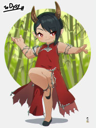 Rule 34 | 1girl, bamboo, bamboo forest, bare shoulders, black footwear, black hair, blurry, blurry background, child, closed mouth, commentary, commission, depth of field, dress, fang, fang out, final fantasy, final fantasy xiv, forest, full body, highres, horns, kuro kosyou, lalafell, nature, original, pointy ears, red dress, red eyes, shoes, skeb commission, solo, standing, standing on one leg