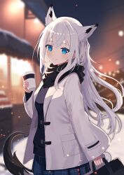 Rule 34 | 1girl, alternate costume, animal ears, azur lane, bag, black scarf, black shirt, blue eyes, blush, casual, coat, coffee cup, crossed bangs, cup, disposable cup, dot nose, extra ears, fox ears, fox girl, fox tail, highres, holding, holding bag, holding cup, kawakaze (azur lane), light particles, long hair, looking at viewer, natsuki (natsu 1936), night, open clothes, open coat, plaid, plaid skirt, scarf, shirt, sidelocks, skirt, snow, solo, tail, white coat, white hair, wide sleeves