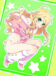 Rule 34 | 1girl, ahoge, bad id, bad pixiv id, belly chain, belt, blonde hair, boots, bottomless, coat, cool &amp; sexy (idolmaster), green eyes, hand to own mouth, high heels, hoshii miki, idolmaster, idolmaster (classic), jacket, jewelry, long hair, mery-chan, naked coat, oshirichan, shoes, smile, solo