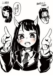 Rule 34 | aoki ruri, blazer, blood, blush, chibi, chibi inset, collared shirt, dragon girl, dragon horns, hatching (texture), highres, horns, jacket, lapels, linear hatching, long sleeves, looking at viewer, medium hair, megateru, monochrome, necktie, nosebleed, notched lapels, o o, open mouth, parted bangs, pointing, pointing up, ruri dragon, school uniform, shirt, simple background, solo focus, spot color, swept bangs, white background