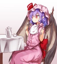Rule 34 | 1girl, baram, bat wings, bib, blue hair, chair, closed mouth, commentary request, cup, fork, glint, gradient background, hat, hat ribbon, holding, mob cap, pink hat, pink skirt, pointy ears, red eyes, red ribbon, remilia scarlet, ribbon, sitting, sketch, skirt, skirt set, smile, solo, spoon, table, teacup, teapot, touhou, white background, wings