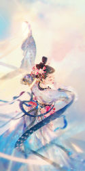 Rule 34 | arm up, black hair, blue ribbon, chinese clothes, chinese commentary, closed eyes, cloud, dancing, facing to the side, flower, from behind, hair flower, hair ornament, hand up, highres, long sleeves, mian lang, motion blur, official art, oppo (company), outdoors, pink flower, red lips, ribbon, updo