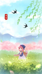 Rule 34 | 1girl, apron, basket, bird, blue dress, blush, brown eyes, cat, chinese commentary, clear sky, cloud, commentary request, copyright name, day, dress, grass, highres, holding, holding basket, leaf, looking at viewer, momo (miracle nikki), mountainous horizon, nikki (miracle nikki), official art, pink hair, red ribbon, ribbon, shaded face, shining nikki, signature, sky, tree, white apron, white cat, wind, yellow cloak