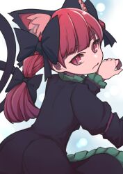 Rule 34 | 1girl, animal ears, ass, black bow, black dress, bow, braid, cat ears, cat girl, cat tail, closed mouth, commentary, dress, hair bow, kaenbyou rin, long sleeves, looking at viewer, medium hair, multiple tails, nekomata, red eyes, red hair, side braids, slit pupils, solo, tail, touhou, twin braids, two tails, umenodo