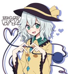 Rule 34 | 1girl, :d, black hat, dated, fingers together, green eyes, hair between eyes, hat, hat ribbon, heart, heart of string, koishi day, komeiji koishi, light green hair, long sleeves, looking at viewer, open mouth, ribbon, shirt, simple background, smile, solo, third eye, touhou, upper body, white background, wide sleeves, yellow ribbon, yellow shirt, yoriteruru