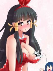 Rule 34 | 2girls, arcana heart, black hair, blush, breasts, censored nipples, cleavage, convenient censoring, highres, kasuga maori, large breasts, leotard, long hair, looking at viewer, multiple girls, open mouth, playboy bunny, rabbit ears, siblings, sisters, yellow eyes
