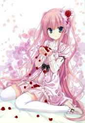 Rule 34 | 1girl, absurdres, bad id, bad yandere id, dress, flower, green eyes, hair flower, hair ornament, highres, long hair, mary janes, muririn, original, petals, pink hair, puffy sleeves, rose, rose petals, shoes, sitting, solo, source request, thighhighs, two side up, very long hair, wariza, white thighhighs