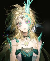 Rule 34 | 1girl, bare shoulders, black background, blonde hair, circlet, collar, collarbone, colored eyelashes, colored sclera, crystal, crystallization, dress, fins, floating hair, green eyes, head fins, horns, lens flare, long hair, looking at viewer, material growth, metal collar, mismatched sclera, nintendo, parted lips, princess zelda, purple sclera, ringed eyes, simple background, single horn, solo, strapless, strapless dress, sweetderan, tears, the legend of zelda, the legend of zelda: tears of the kingdom, transformation, upper body, wide-eyed