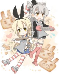 Rule 34 | 2girls, amatsukaze (kancolle), apron, bad id, bad twitter id, black dress, black panties, blonde hair, blue sailor collar, blue skirt, brown dress, commentary request, cookie, crop top, dress, elbow gloves, food, garter straps, gloves, grey apron, hair tubes, hairband, highleg, highleg panties, highres, hizuki yayoi, kantai collection, long hair, microskirt, miniskirt, multiple girls, oven mitts, panties, red legwear, rensouhou-chan, sailor collar, sailor dress, shimakaze (kancolle), short dress, silver hair, skirt, smile, striped clothes, striped legwear, striped thighhighs, thighhighs, two side up, underwear, white gloves, yellow eyes