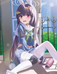 Rule 34 | 1girl, absurdres, ahoge, animal ears, black gloves, black hair, blue archive, blue serafuku, blue skirt, blush, bolt action, bottle, bright pupils, bush, commentary, day, earpiece, fake animal ears, feet, foot out of frame, gloves, green neckerchief, gun, halo, highres, kenma pro, knee pads, knee up, leaf, leaf on head, long hair, long sleeves, looking at viewer, miyu (blue archive), mosin-nagant, neckerchief, no shoes, open mouth, pantyhose, pleated skirt, red eyes, rifle, sailor collar, school uniform, serafuku, single knee pad, sitting, skirt, solo, spill, sunlight, sweatdrop, tearing up, toes, twitter username, water bottle, wavy mouth, weapon, white pantyhose, white pupils, white sailor collar