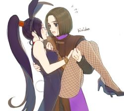 Rule 34 | 1boy, 1girl, animal ears, artist name, black shirt, blouse, blue eyes, blush, bracelet, breasts, brown hair, brown vest, carrying, commentary request, dragon quest, dragon quest xi, embarrassed, fake animal ears, fishnet pantyhose, fishnets, hand tattoo, hero (dq11), high heels, jewelry, kimidori (kimidoriri), large breasts, leotard, long hair, looking at another, martina (dq11), open mouth, pantyhose, playboy bunny, princess carry, purple eyes, purple footwear, purple hair, purple leotard, shirt, simple background, sweatdrop, tattoo, very long hair, vest, white background