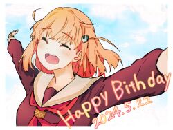 Rule 34 | 1girl, ^ ^, bad id, bad twitter id, blue sky, blush, border, brown dress, closed eyes, commentary request, crossed bangs, dated, dress, hair ornament, happy birthday, hasu no sora school uniform, highres, hinoshita kaho, link! like! love live!, long sleeves, love live!, medium hair, neckerchief, open mouth, orange hair, outstretched arms, ra na hasu, rabbit hair ornament, red neckerchief, sailor collar, sailor dress, school uniform, sky, smile, solo, spread arms, teeth, two side up, typo, upper body, upper teeth only, virtual youtuber, white border, white sailor collar, winter uniform