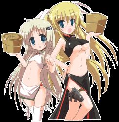 Rule 34 | 2girls, age difference, blonde hair, blue eyes, breasts, cropped legs, female focus, gun, hair ribbon, hizuki yayoi, holster, little busters!, long hair, looking at viewer, medium breasts, midriff, multiple girls, noumi kudryavka, onee-loli, ribbon, silver hair, small breasts, thigh holster, thigh strap, thighhighs, tokido saya, transparent background, underboob, very long hair, weapon