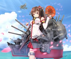 Rule 34 | 10s, 1girl, aircraft, airplane, biplane, blue sky, brown eyes, brown hair, cloud, cloudy sky, day, detached sleeves, gotou hisashi, headgear, highres, holding, kantai collection, long hair, looking at viewer, machinery, petals, pleated skirt, ponytail, seaplane, skirt, sky, smile, solo, turret, umbrella, wind, yamato (kancolle)