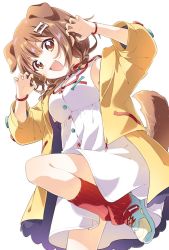 Rule 34 | 1girl, :d, animal ears, bone hair ornament, braid, brown hair, buttons, claw pose, cross-laced footwear, dog ears, dog tail, dress, fang, hair ornament, hololive, inugami korone, inugami korone (1st costume), jacket, medium hair, multicolored buttons, multicolored footwear, namori, open mouth, red socks, shoes, smile, socks, solo, tail, twin braids, virtual youtuber, white dress, yellow jacket