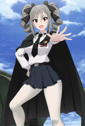 Rule 34 | 10s, 1girl, anchovy (cosplay), anchovy (girls und panzer), cape, cosplay, drill hair, girls und panzer, idolmaster, idolmaster cinderella girls, inoshira, kanzaki ranko, long hair, looking at viewer, military, military uniform, military vehicle, motor vehicle, necktie, open mouth, pantyhose, pleated skirt, red eyes, school uniform, silver hair, skirt, solo, tank, twin drills, twintails, uniform, white pantyhose