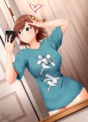 Rule 34 | 1girl, alternate costume, blue shirt, breasts, brown hair, cellphone, clothes writing, flipped hair, grey eyes, hairband, headgear, hiei (kancolle), hiei kai ni (kancolle), highres, holding, holding phone, indoors, kantai collection, large breasts, mirror, phone, shirt, shitty t-shirt naval base, short hair, smartphone, solo, tadokoro nurikabe