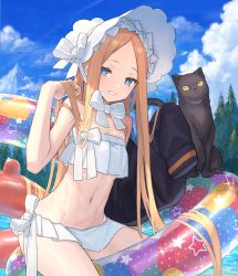 Rule 34 | 1girl, abigail williams (fate), abigail williams (swimsuit foreigner) (fate), abigail williams (swimsuit foreigner) (third ascension) (fate), bikini, blonde hair, blue eyes, bonnet, bow, cat, chorefuji, cloud, commentary request, day, eyelashes, fate/grand order, fate (series), innertube, long hair, looking at viewer, mountain, navel, outdoors, parted lips, sky, swim ring, swimsuit, teeth, tree, very long hair, water, white bikini, white bow, white headwear