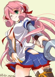 Rule 34 | 10s, 1girl, ;q, akashi (kancolle), blue skirt, breasts, cleavage, covered erect nipples, green eyes, hair ribbon, hip vent, kantai collection, long hair, long sleeves, looking at viewer, one eye closed, open clothes, pink hair, pleated skirt, ribbon, school uniform, serafuku, sketch, skirt, solo, suzui narumi, thighhighs, tongue, tongue out, tress ribbon, twintails, wrench