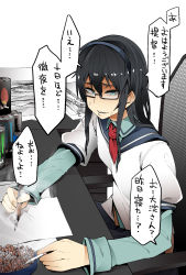 Rule 34 | 10s, 1girl, ashtray, atumi20jp, bags under eyes, black hair, blue eyes, can, cigarette, drink can, energy drink, glasses, hairband, highres, kantai collection, long hair, monster energy, necktie, nib pen (object), ooyodo (kancolle), paper, pen, school uniform, serafuku, smoke, soda can, solo, sweat, sweatdrop, translation request, yonyon (yotayota honpo)