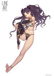 Rule 34 | 1girl, anklet, armlet, artist name, asymmetrical legwear, asymmetrical sleeves, bandeau, bare arms, bare legs, bare shoulders, barefoot, black detached sleeves, black hair, black panties, black ribbon, breasts, crown, detached collar, detached sleeves, earrings, fate/grand order, fate (series), feet, female focus, fingernails, floating hair, full body, gem, groin, hair ribbon, hand on own knee, hands on own knee, head tilt, highres, hoop earrings, ishtar (fate), jewelry, ki min-woo, knee up, legs, lips, long hair, looking at viewer, medium breasts, midriff, navel, neck, neck ring, outstretched arm, panties, parted lips, pink lips, red eyes, revealing clothes, ribbon, simple background, single sleeve, single thighhigh, soles, solo, stomach, strapless, thighhighs, thighlet, toeless legwear, toes, tohsaka rin, two side up, type-moon, underwear, uneven legwear, uneven sleeves, wavy hair, white background