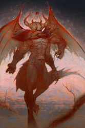 Rule 34 | 1boy, aleksi remes, arm hair, armor, body fur, chaos (ff1), chromatic aberration, claws, colored skin, covered mouth, demon, demon wings, extra arms, fallen angel (painting), final fantasy, final fantasy i, fine art parody, floating, full body, hand up, highres, horns, male focus, multiple horns, muscular, muscular male, orb, parody, pauldrons, pelvic curtain, shoulder armor, shoulder pads, skull belt, solo, spines, tail, torn wings, veins, veiny arms, wings, yellow skin