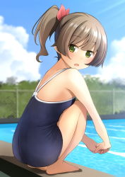 Rule 34 | 1girl, ass, bare arms, bare shoulders, black one-piece swimsuit, blue one-piece swimsuit, blue sky, blurry, blurry background, blush, breasts, brown hair, chain-link fence, cloud, commentary request, day, depth of field, fence, from side, green eyes, hair ribbon, highres, knees up, looking at viewer, looking to the side, one-piece swimsuit, open mouth, original, outdoors, ponytail, pool, poolside, red ribbon, ribbon, school swimsuit, shibacha, sky, small breasts, solo, squatting, swimsuit, water