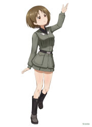 Rule 34 | 1girl, alternate costume, anzio military uniform, arm up, belt, black belt, black footwear, black shirt, boots, brown eyes, brown hair, commentary request, dress shirt, full body, girls und panzer, grey jacket, grey skirt, half-closed eyes, jacket, long sleeves, looking to the side, looking up, maruyama saki, military, military uniform, miniskirt, parted lips, partial commentary, realeyes mondogrosso, shirt, short hair, simple background, skirt, solo, standing, standing on one leg, uniform, white background, wing collar