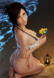 Rule 34 | 1girl, 3d, ass, beach, bikini, bikini top only, billyhhyb, black hair, bottomless, breasts, cocktail glass, cup, drinking glass, final fantasy, final fantasy vii, final fantasy vii rebirth, final fantasy vii remake, flower, frilled bikini, frills, hair flower, hair ornament, highres, huge breasts, lantern, looking at viewer, looking back, no panties, official alternate costume, official alternate hairstyle, smile, swimsuit, tifa lockhart, water