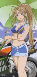 Rule 34 | 1girl, aa megami-sama, absurdres, antenna hair, belldandy, belt, blue eyes, bracelet, breasts, brown hair, cleavage, crop top, earrings, facial mark, forehead mark, highres, jewelry, kusakabe chizuko, long hair, midriff, miniskirt, necklace, outdoors, race queen, scan, skirt, sky, smile, solo, umbrella, very long hair