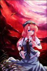 Rule 34 | 1girl, beret, blue eyes, braid, chinese clothes, embodiment of scarlet devil, female focus, gradient background, hat, hong meiling, long hair, nature, outdoors, plant, red hair, skirt, sky, solo, touhou, twin braids, vinashyra