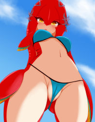 Rule 34 | 1girl, arms behind back, ayatori (aytr), bikini, blue bikini, blue sky, blush, breasts, cameltoe, colored skin, commentary request, cowboy shot, day, fish girl, from below, gills, gluteal fold, highres, looking at viewer, looking down, medium breasts, mipha, monster girl, navel, nintendo, outdoors, partially visible vulva, red skin, revision, sky, solo, stomach, swimsuit, the legend of zelda, the legend of zelda: breath of the wild, underboob, yellow eyes, zora