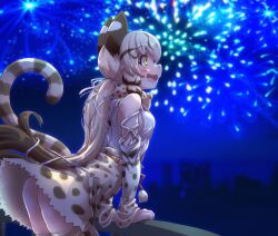 Rule 34 | 1girl, animal ears, belt, bow, bowtie, cat ears, cat girl, cat tail, extra ears, fireworks, geoffroy&#039;s cat (kemono friends), grey hair, highres, kemono friends, kemono friends v project, long hair, lowlandgorilla, night, night sky, ribbon, shirt, skirt, sky, solo, tail, thighhighs, twintails, virtual youtuber, yellow eyes