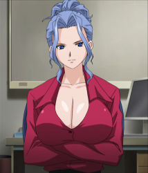 Rule 34 | 1girl, blue eyes, blue hair, breasts, cleavage, crossed arms, formal, large breasts, makimura ryouko, mature female, red shirt, screencap, shirt, short hair, solo, tokubetsu byoutou