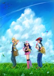 Rule 34 | 1girl, 2boys, absurdres, arms behind head, barry (pokemon), black eyes, black hair, black jacket, black shirt, black socks, blonde hair, blue hair, blue pants, blue sky, boots, cloud, creatures (company), dawn (pokemon), day, drifloon, eye contact, food, food in mouth, from side, game freak, gen 4 pokemon, grass, grey pants, hat, highres, holding, holding food, ice cream, jacket, knee boots, long hair, looking at another, looking back, lucas (pokemon), miniskirt, multiple boys, nintendo, orange eyes, outdoors, pants, pink footwear, pink skirt, poke ball print, pokemon, pokemon dppt, popsicle, popsicle in mouth, print headwear, profile, red headwear, sawarabi (sawarabi725), shirt, short hair, short sleeves, skirt, sky, sleeveless, sleeveless jacket, sleeveless shirt, socks, watermelon bar, white headwear, white shirt