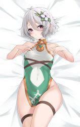 Rule 34 | 1girl, absurdres, antenna hair, bare shoulders, blush, breasts, collarbone, covered navel, cowboy shot, dress, elf, flower, green dress, grey hair, hair between eyes, hair flower, hair ornament, highres, kokkoro (princess connect!), looking at viewer, lying, maza kisuke, on back, pointy ears, princess connect!, purple eyes, short dress, short hair, skindentation, sleeveless, sleeveless dress, small breasts, solo, thick thighs, thigh strap, thighs, two-tone dress, white dress, white flower