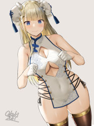 Rule 34 | 1girl, bare shoulders, black thighhighs, blonde hair, blue eyes, blush, breasts, bun cover, china dress, china dress girl (oekakizuki), chinese clothes, cleavage cutout, closed mouth, clothing cutout, commentary request, cross-laced clothes, cross-laced slit, double bun, dress, embarrassed, gloves, hair bun, half gloves, highres, large breasts, legs, long hair, looking at viewer, mole, mole on breast, no, no panties, oekakizuki, original, pelvic curtain, revealing clothes, side slit, sideboob, skindentation, smile, solo, thick thighs, thighhighs, thighs