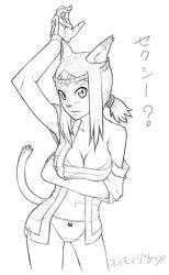 Rule 34 | 00s, 1girl, animal ears, breasts, cat ears, cat tail, cleavage, covered erect nipples, final fantasy, final fantasy xi, greyscale, mithra (ff11), monochrome, panties, solo, standing, tail, underwear