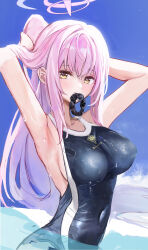Rule 34 | 1girl, absurdres, adjusting hair, alternate costume, armpits, arms up, bare shoulders, bikini, blue archive, blue bikini, commentary request, covered navel, dana (hapong07), halo, highres, korean commentary, looking at viewer, mika (blue archive), mouth hold, pink hair, pink halo, sleeveless, solo, swimsuit, trinity general school swimsuit, upper body, yellow eyes
