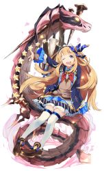 Rule 34 | 10s, 1girl, ;d, bad id, bad pixiv id, blazer, blonde hair, book, brown footwear, cagliostro (granblue fantasy), cagliostro (youthful uniform) (granblue fantasy), collared shirt, dragon, granblue fantasy, hairband, head tilt, heart, highres, jacket, loafers, long hair, long sleeves, looking at viewer, one eye closed, open clothes, open jacket, open mouth, outstretched arm, purple eyes, school uniform, shirt, shoes, simple background, sitting, skirt, sleeves past wrists, smile, star (symbol), thighhighs, touzai (poppin phl95), very long hair, white background, white thighhighs, wing collar