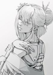 Rule 34 | 1girl, absurdres, android, artist name, banefury, claw ring, closed eyes, flower, from behind, greyscale, hair behind ear, hair bun, hair flower, hair ornament, hair stick, highres, indie virtual youtuber, japanese clothes, kimono, monochrome, off shoulder, parted lips, single hair bun, solo, the cecile (vtuber), twitter username, virtual youtuber