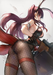 Rule 34 | 1girl, animal ears, arm cuffs, ass, bare shoulders, black gloves, black leotard, black pantyhose, breasts, bullpup, cleavage cutout, clothing cutout, cowboy shot, fake animal ears, fake tail, fishnets, from below, from side, girls&#039; frontline, gloves, gun, hair ribbon, himonoata, holding, holding weapon, large breasts, leotard, long hair, looking at viewer, necktie, pantyhose, playboy bunny, purple hair, rabbit ears, rabbit tail, red eyes, red necktie, red ribbon, ribbon, rifle, side ponytail, sideboob, sniper rifle, solo, strapless, strapless leotard, tail, thigh strap, thighs, wa2000 (girls&#039; frontline), walther, walther wa 2000, weapon, weapon case, white background