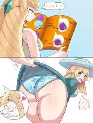 Rule 34 | 2girls, ass, blonde hair, blush, clothes lift, creatures (company), dress, dress lift, english text, from behind, game freak, gen 8 pokemon, green eyes, hair over one eye, hat, highres, lillie (pokemon), long hair, looking back, lusamine (pokemon), mother and daughter, multiple girls, nintendo, open mouth, panties, pokemon, pokemon masters ex, pokemon sm, print panties, sinistea, smile, underwear, ytrall