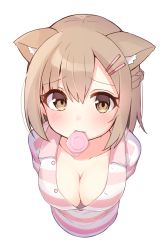 Rule 34 | 1girl, animal ears, blush, breasts, brown eyes, brown hair, cat ears, childhood friend (ominaeshi), cleavage, condom, condom wrapper, highres, large breasts, looking at viewer, ominaeshi (takenoko), shirt, solo, striped clothes, striped shirt