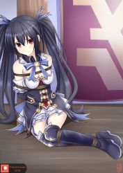 Rule 34 | absurdres, bare shoulders, bdsm, black hair, bondage, boots, bound, breasts, cleavage, collar, dress, frown, garter straps, heels, highres, jacket, leggings, long hair, medium breasts, neptune (series), noire (neptunia), red eyes, ribbon, rope, sad, skirt, thighhighs, thighs, tsundere, twintails, vakaosciosa, very long hair, white thighhighs