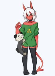 Rule 34 | 1girl, :/, :i, animal, bare shoulders, choker, collarbone, colored skin, demon girl, demon horns, demon tail, full body, green shirt, grey hair, hand up, horns, li (rob ishi), looking down, no shoes, off shoulder, original, panda, red skin, rob ishi, shirt, shirt grab, short hair, short sleeves, standing, tail, thighhighs, triforce print, white hair